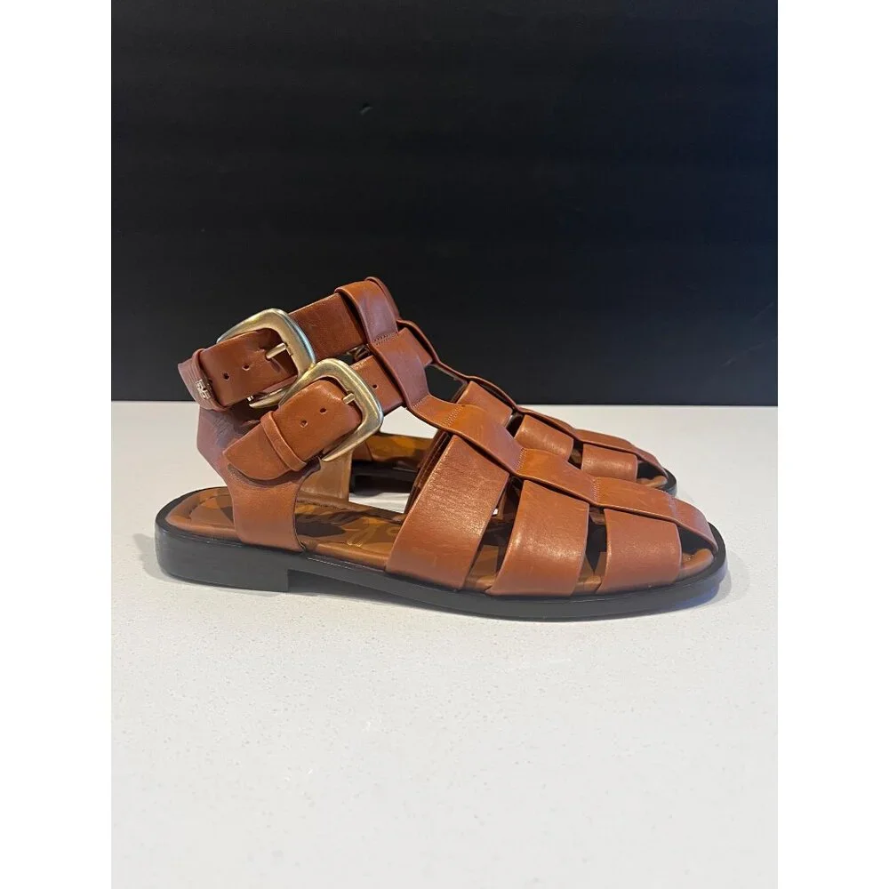 SAM EDELMAN DAWN brown leather ANKLE BUCKLE SANDALS size 7.5 NEW